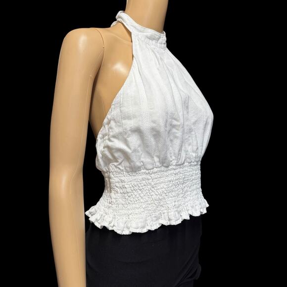 Abercrombie & Fitch White Halter Crop Top Smocked Backless Womens Sz L - Picture 1 of 10